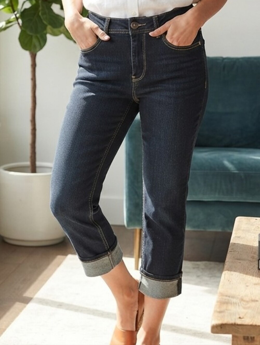 Santana Dark Wash Denim Cuffed Crop Jeans / Capris